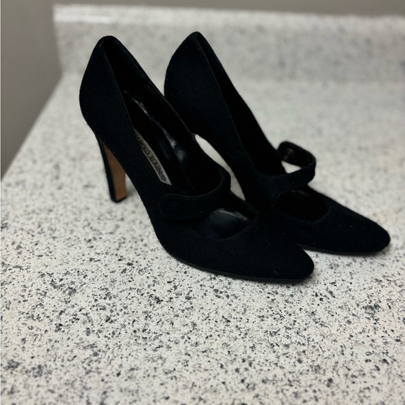 Manolo Blahnik Shoes - Manolo Blahnik Black Wool Mary Jane Almond Toe Pump Size 39.5